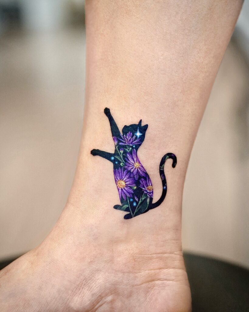 Floral Feline Silhouette Tattoo small cat tattoos tattoo