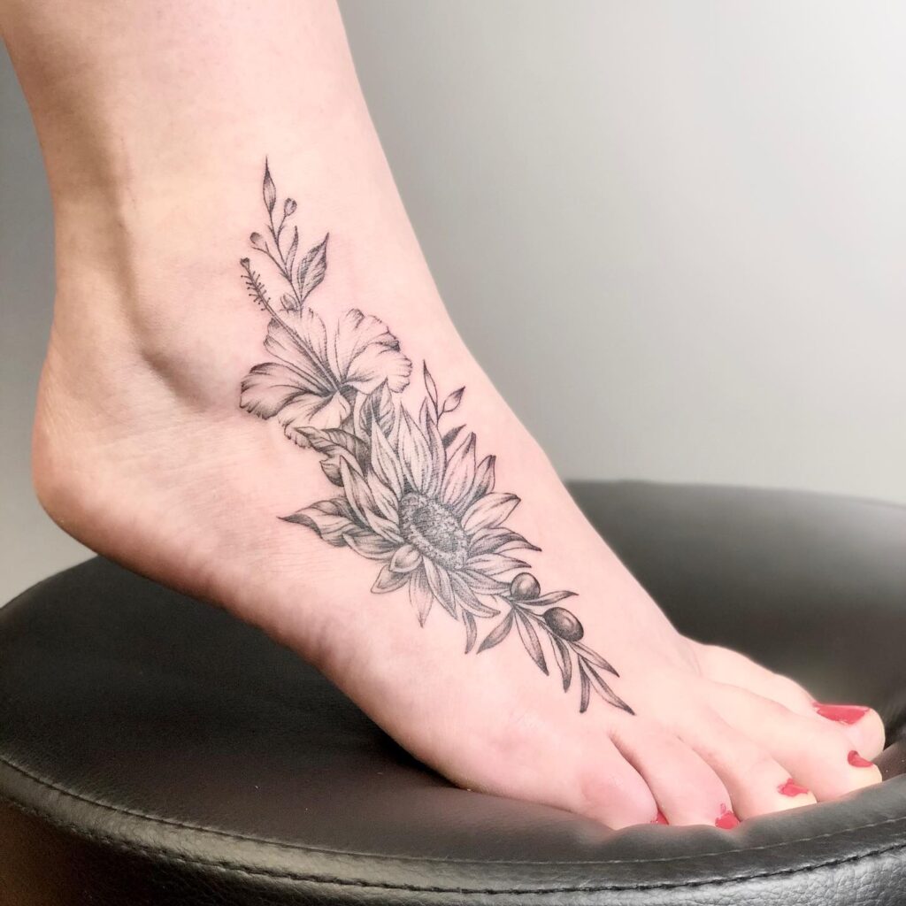 Blooming Pink Floral Foot Tattoo