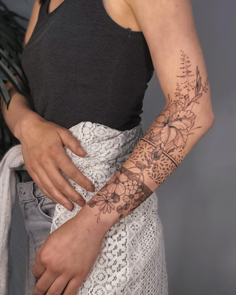 Colorful Butterfly And Floral Half Sleeve Tattoo