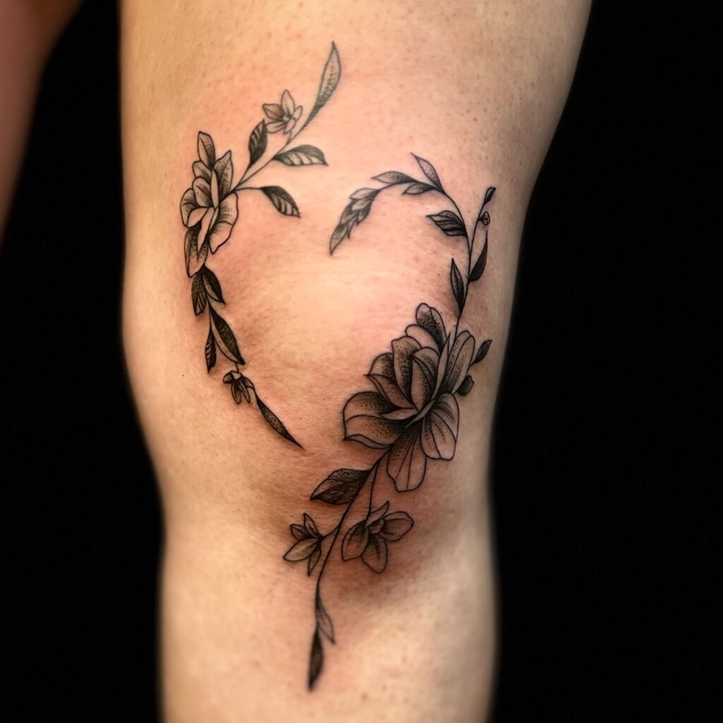 Traditional Heart With Floral Knee Frame Tattoo Design