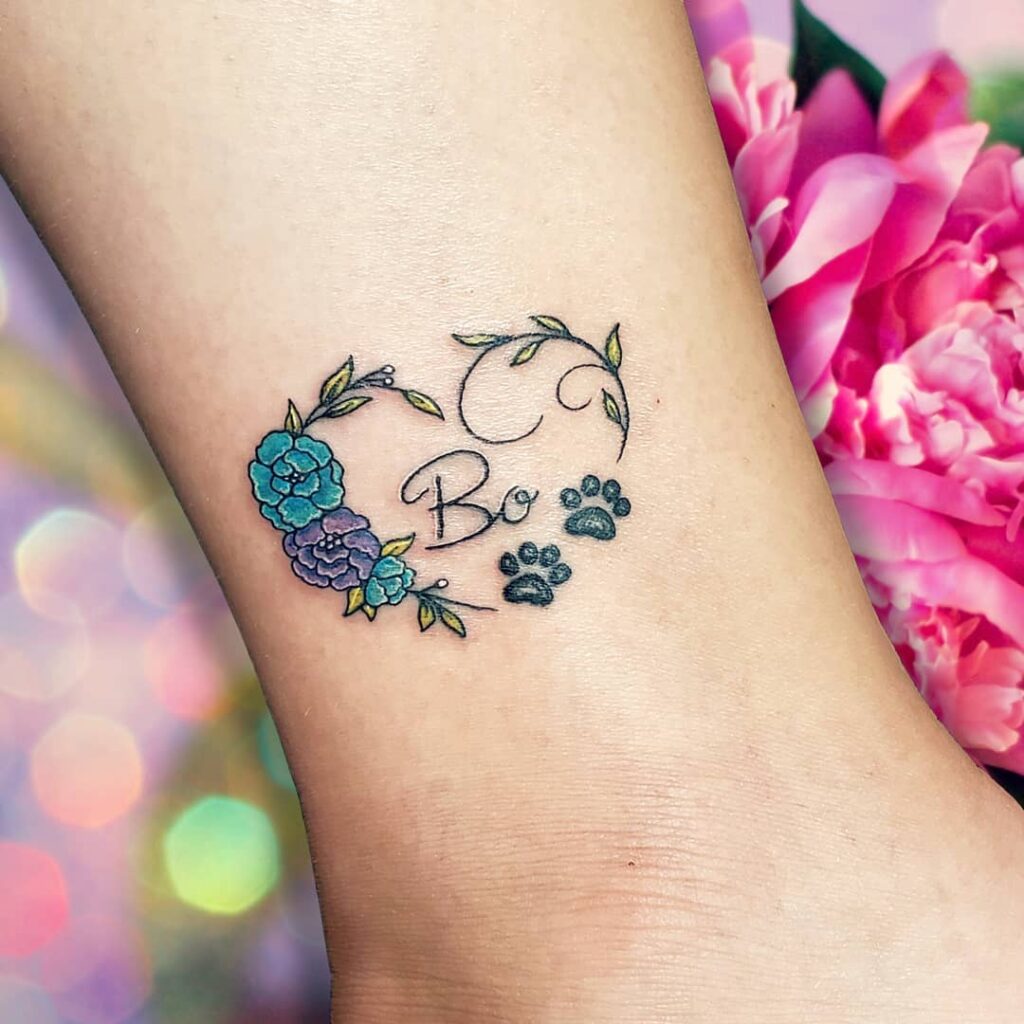 Floral Heart with Paw Prints and Name Tattoo dog memorial tattoos tattoo
