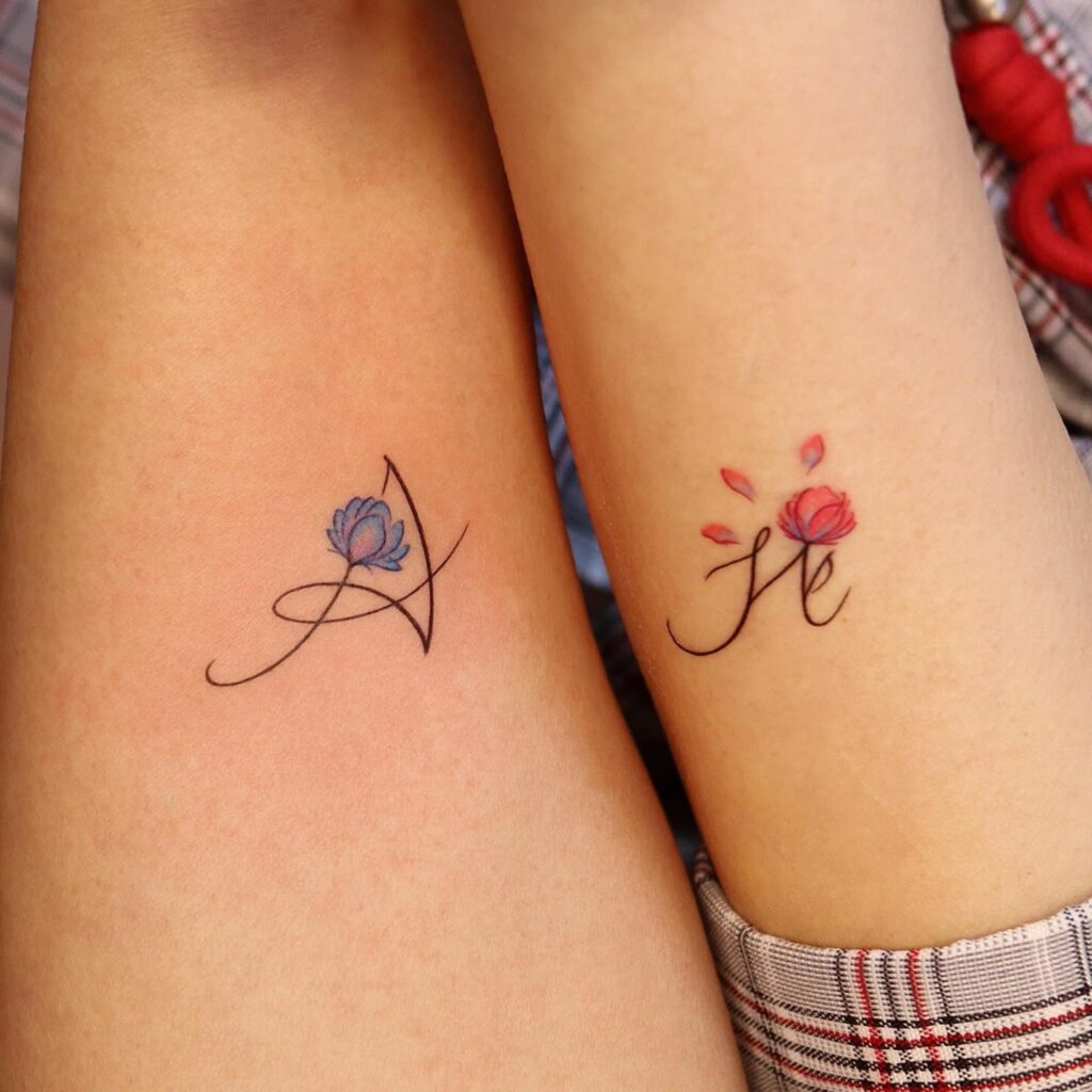 Floral Initials Couple Tattoos