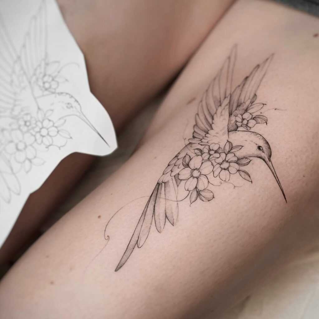 Floral Linework Hummingbird Tattoo hummingbird tattoos tattoo