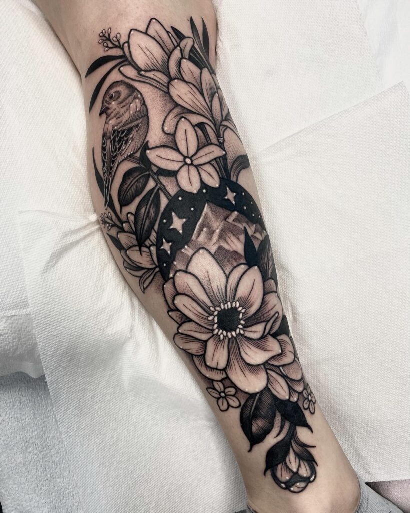 Floral Nature Scene with Bird Tattoo nature tattoos for women tattoo