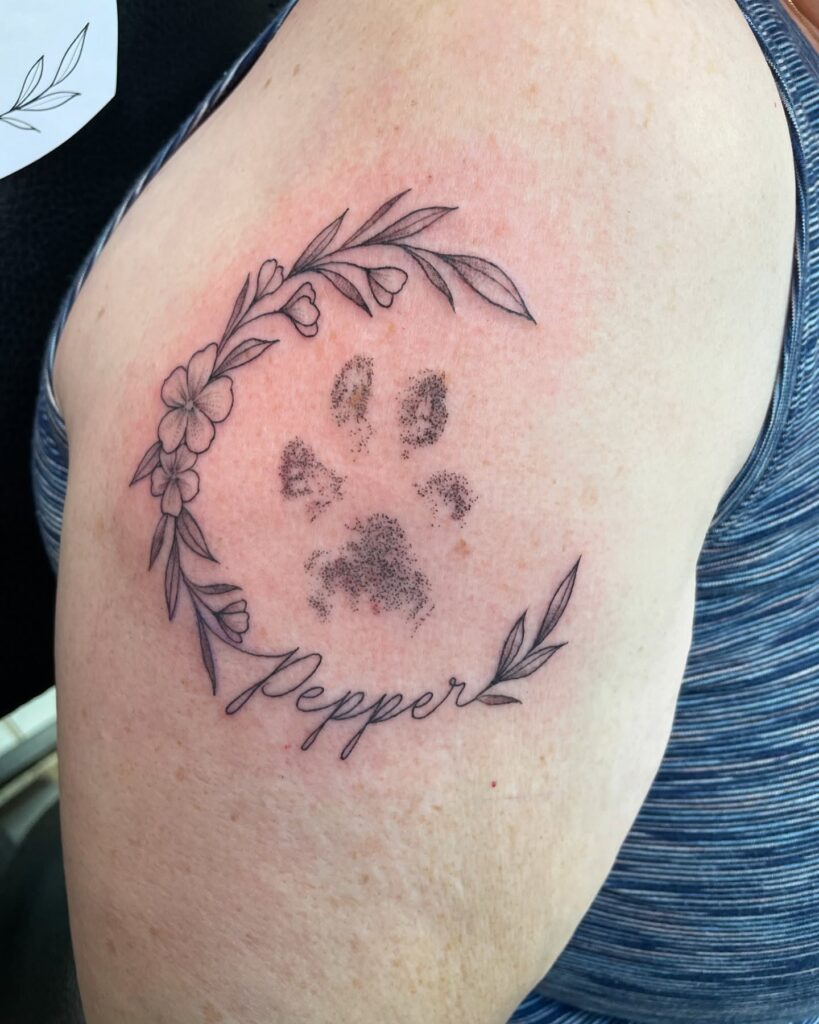 Floral Paw Print Tattoo with Name paw print tattoo ideas tattoo