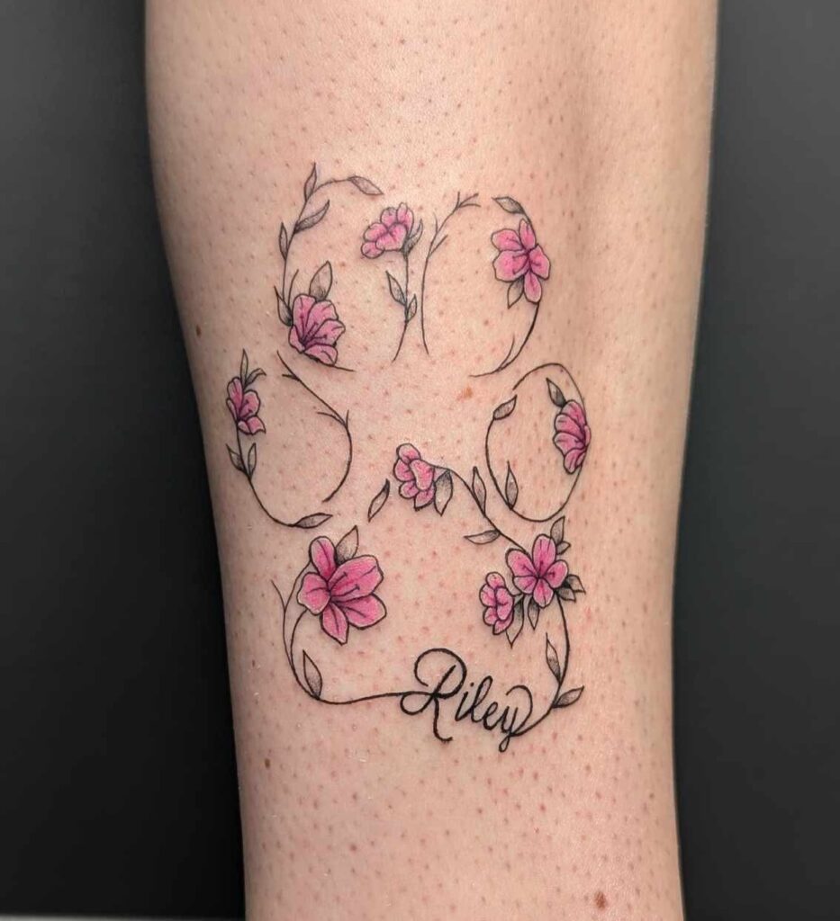 Floral Paw Print with Name Tattoo paw print tattoo ideas tattoo