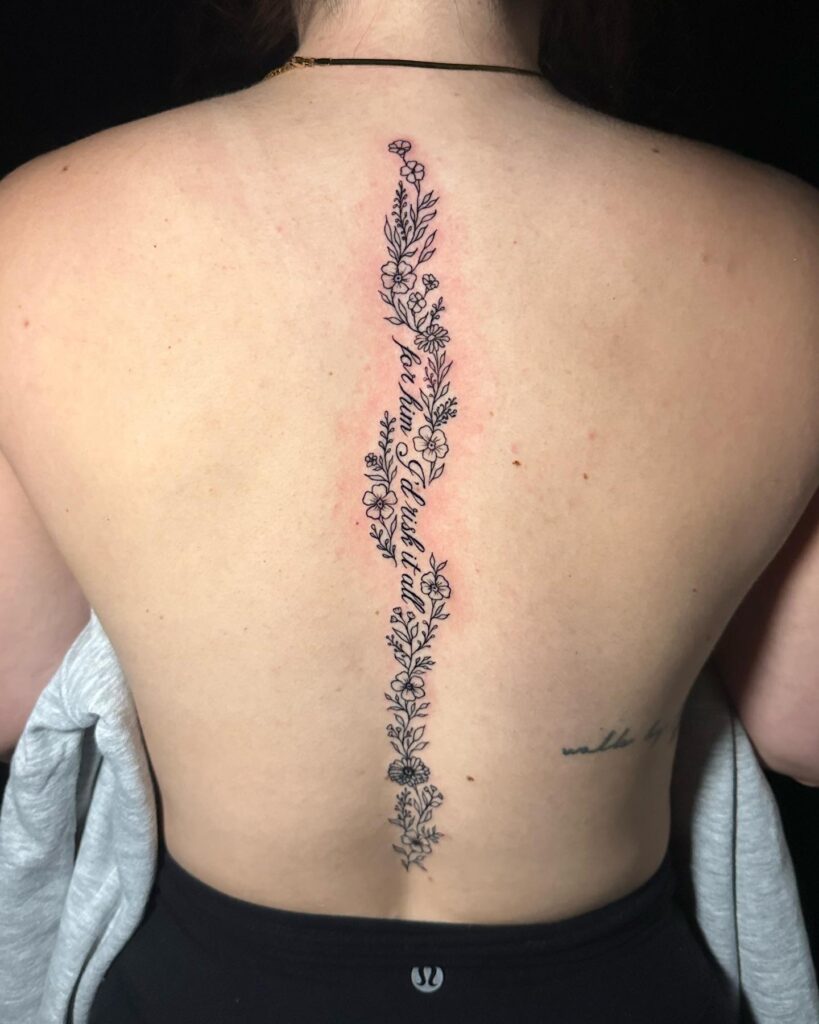 Radiant Butterfly And Lotus Spine Tattoo