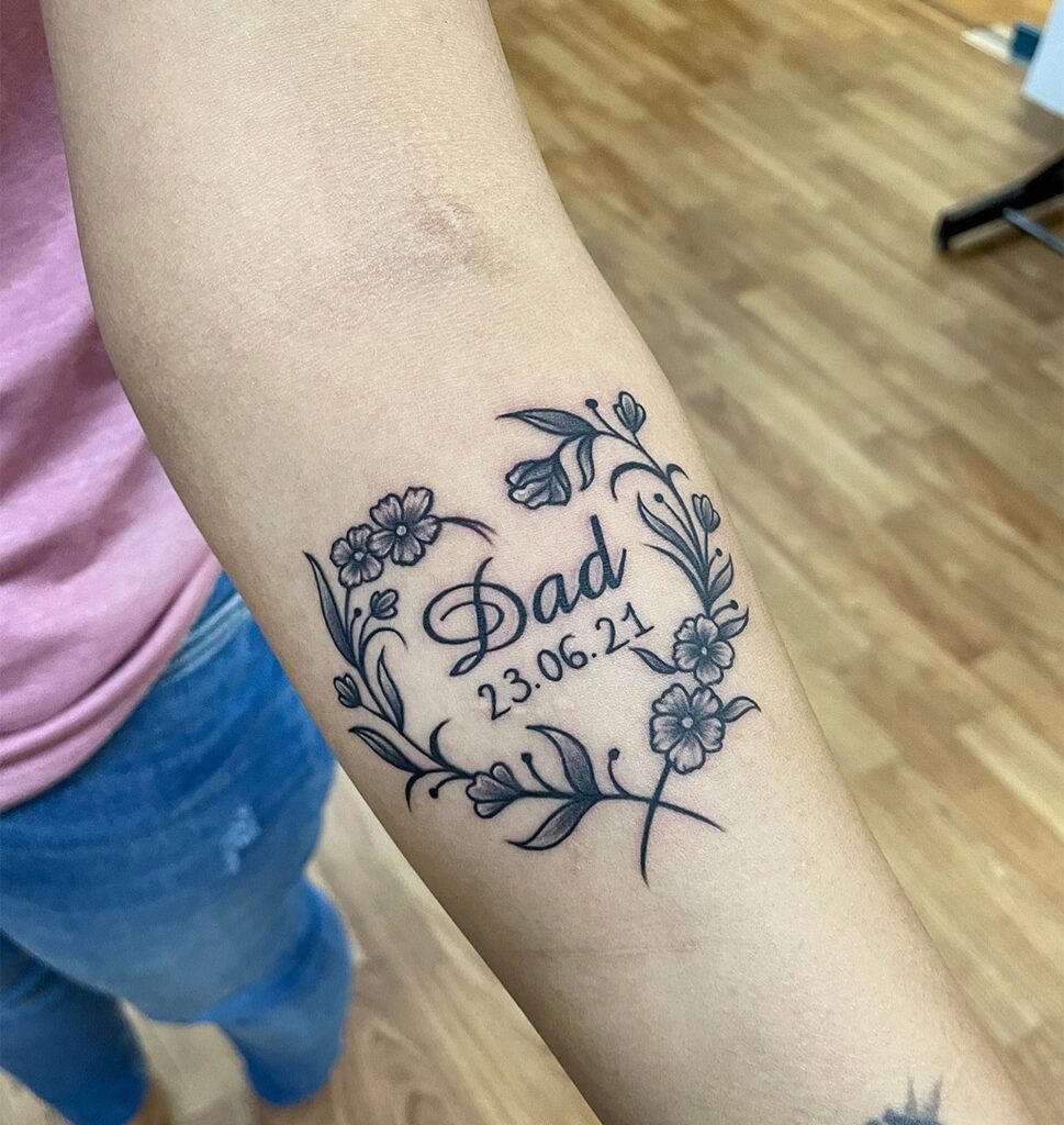 Floral Wreath Dad Memorial Tattoo with Date dad memorial tattoos tattoo
