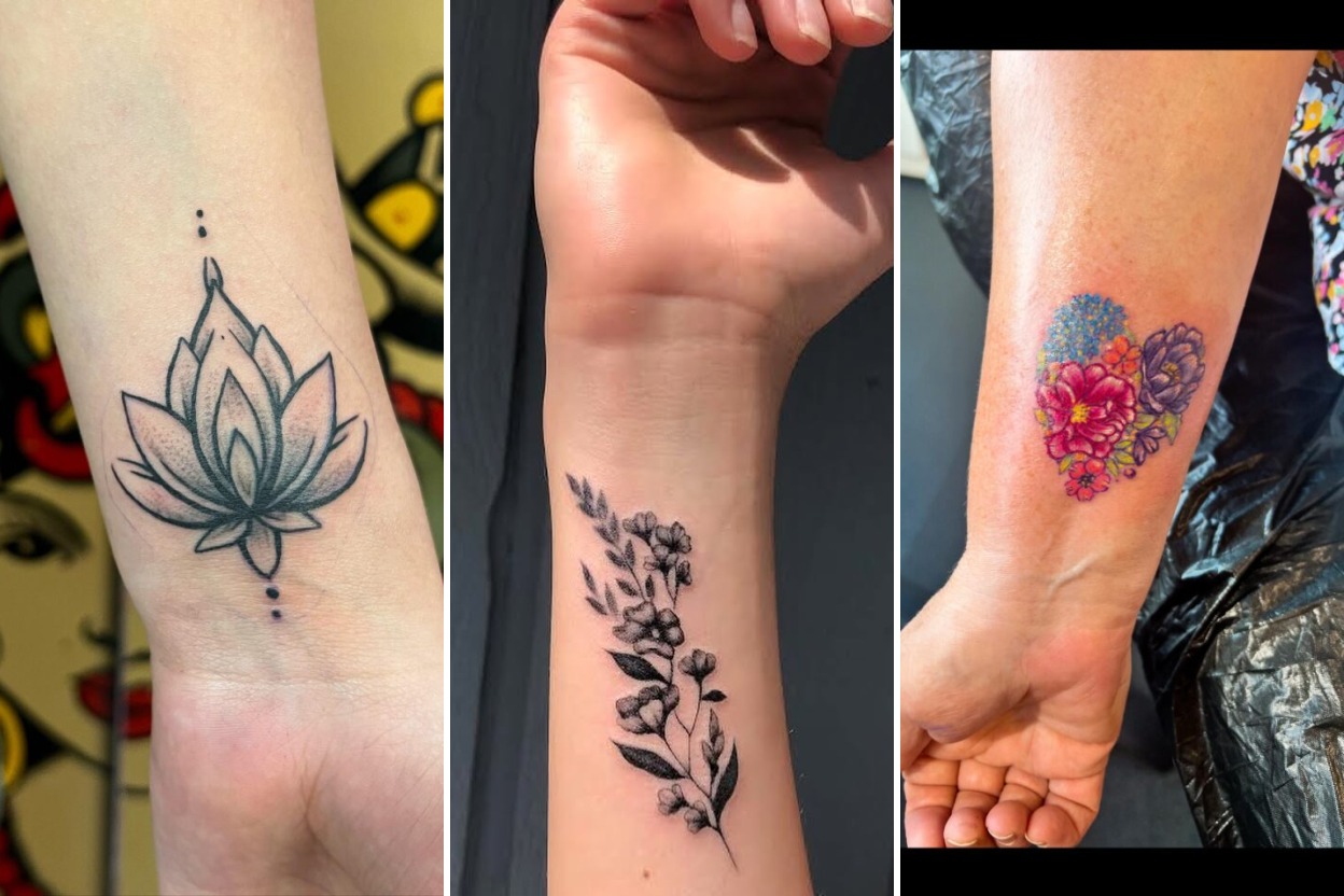 Aesthetic flower wrist tattoo ideas and delicate ink ideas collage