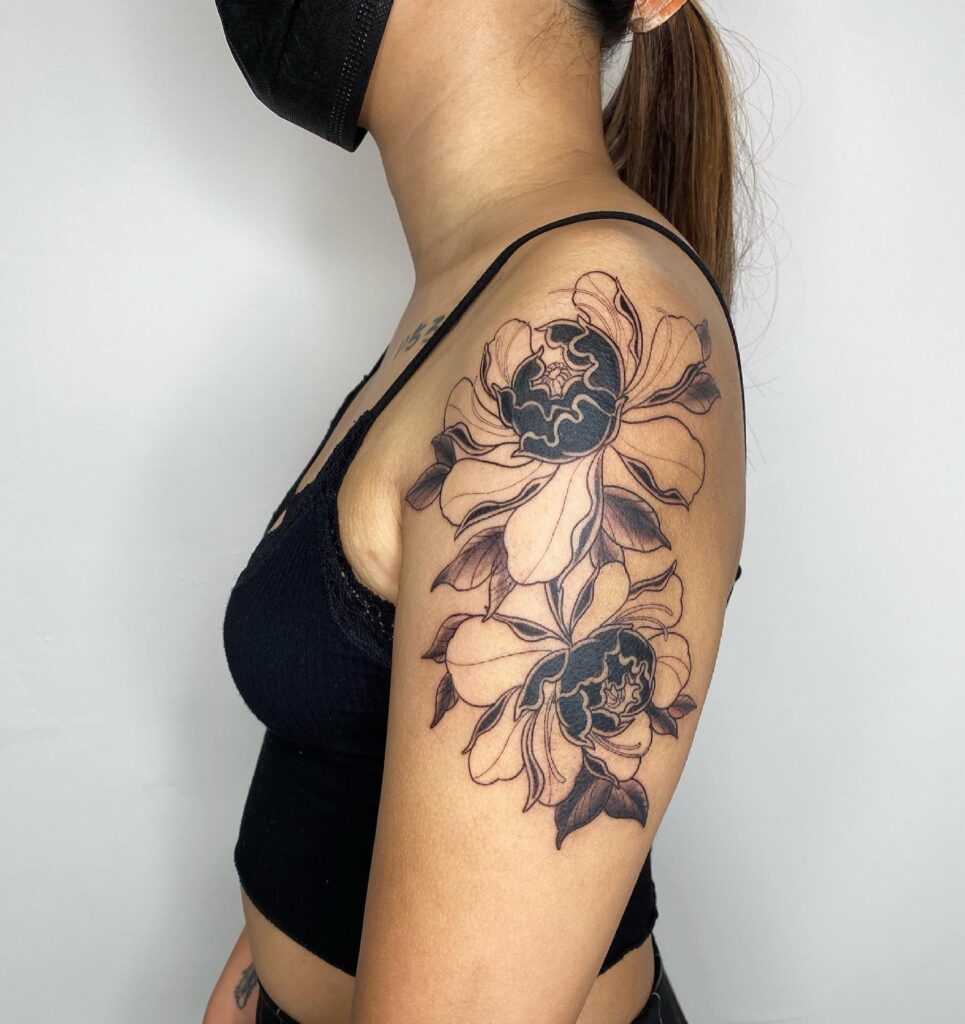 Flowing Twin Peony Shoulder Tattoo japanese peony tattoos tattoo