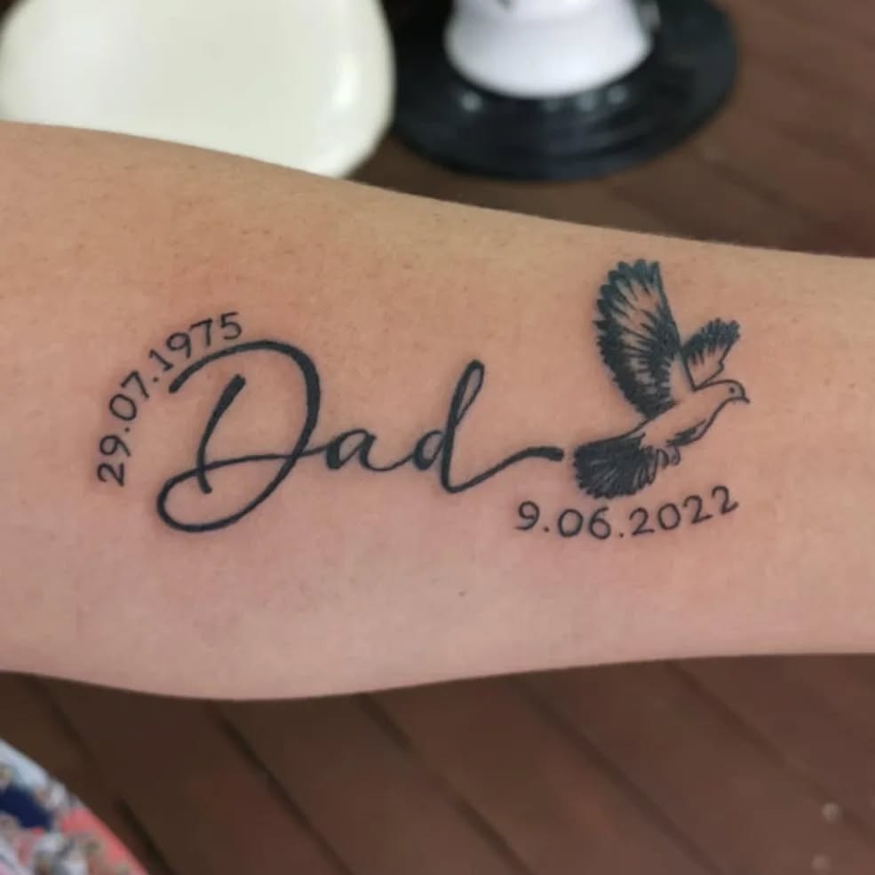 Flying Dove Dad Memorial Tattoo with Dates dad memorial tattoos tattoo