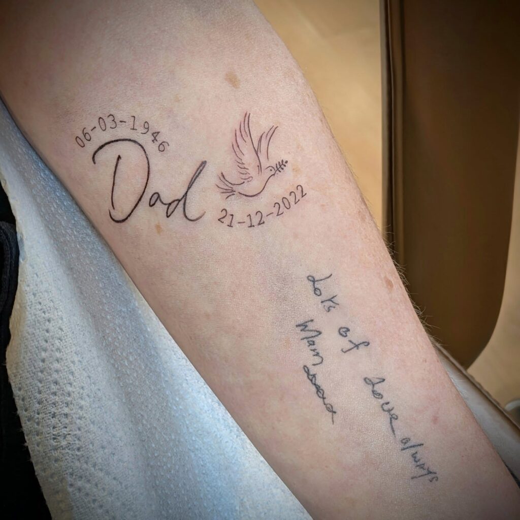 Flying Dove Dad Memorial Tattoo with Handwritten Tribute dad memorial tattoos tattoo