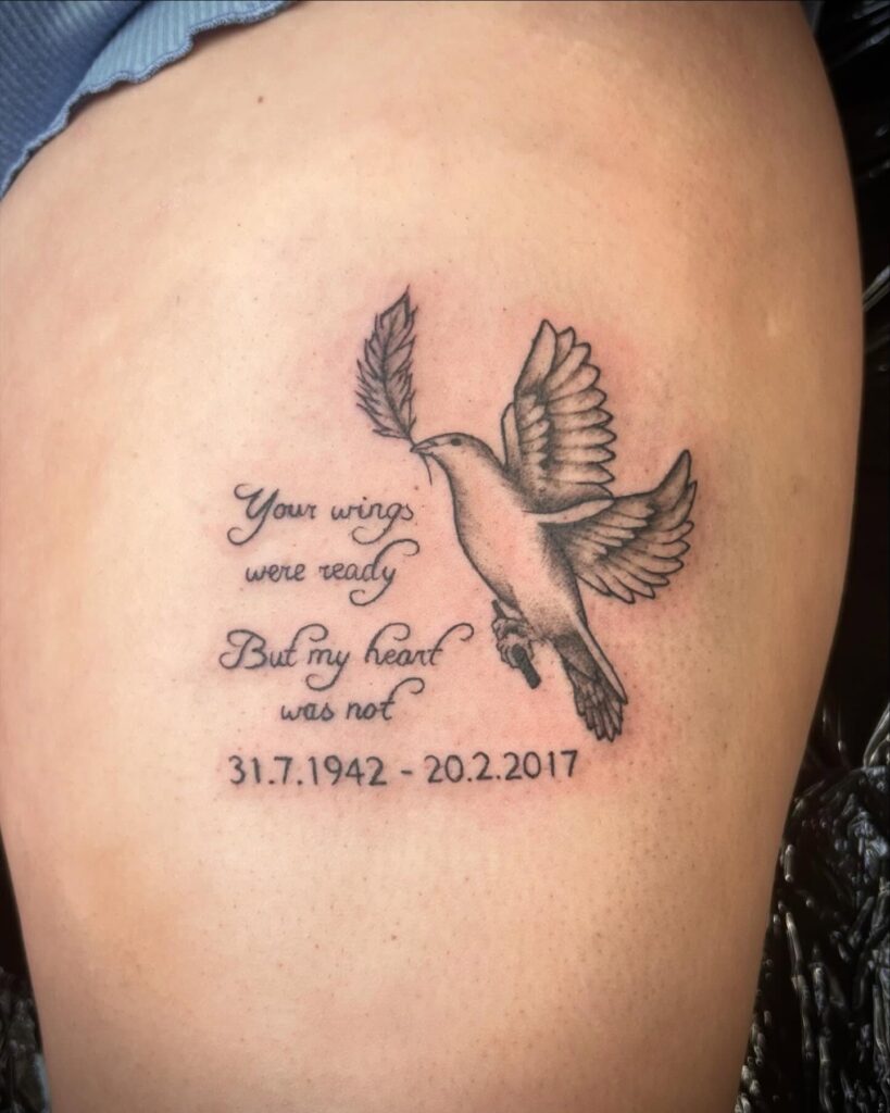 Flying Dove Memorial Tattoo with Tribute Quote and Dates dad memorial tattoos tattoo