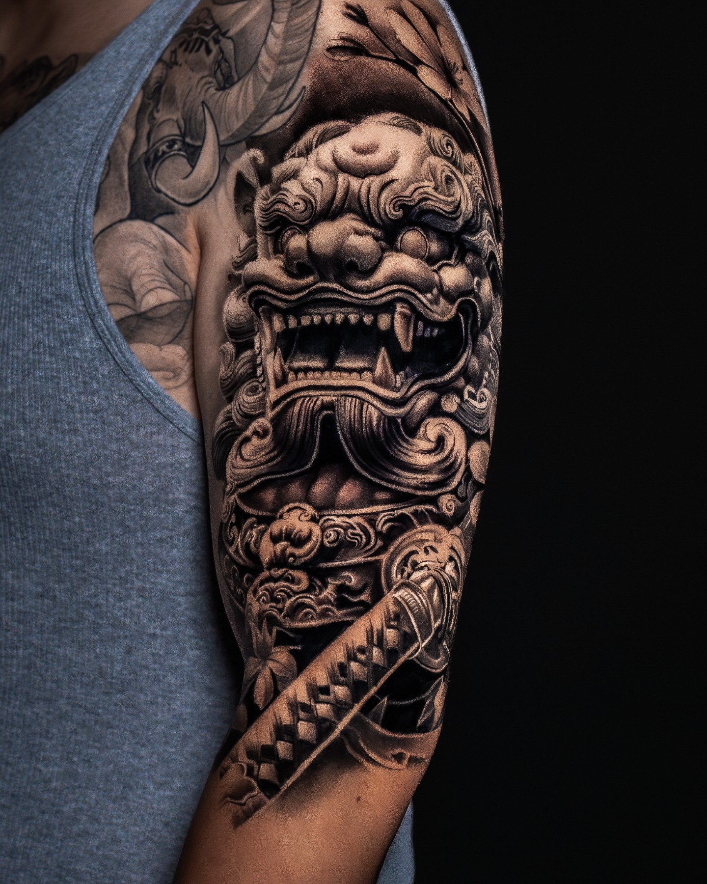 Foo Dog And Katana Sleeve Tattoo