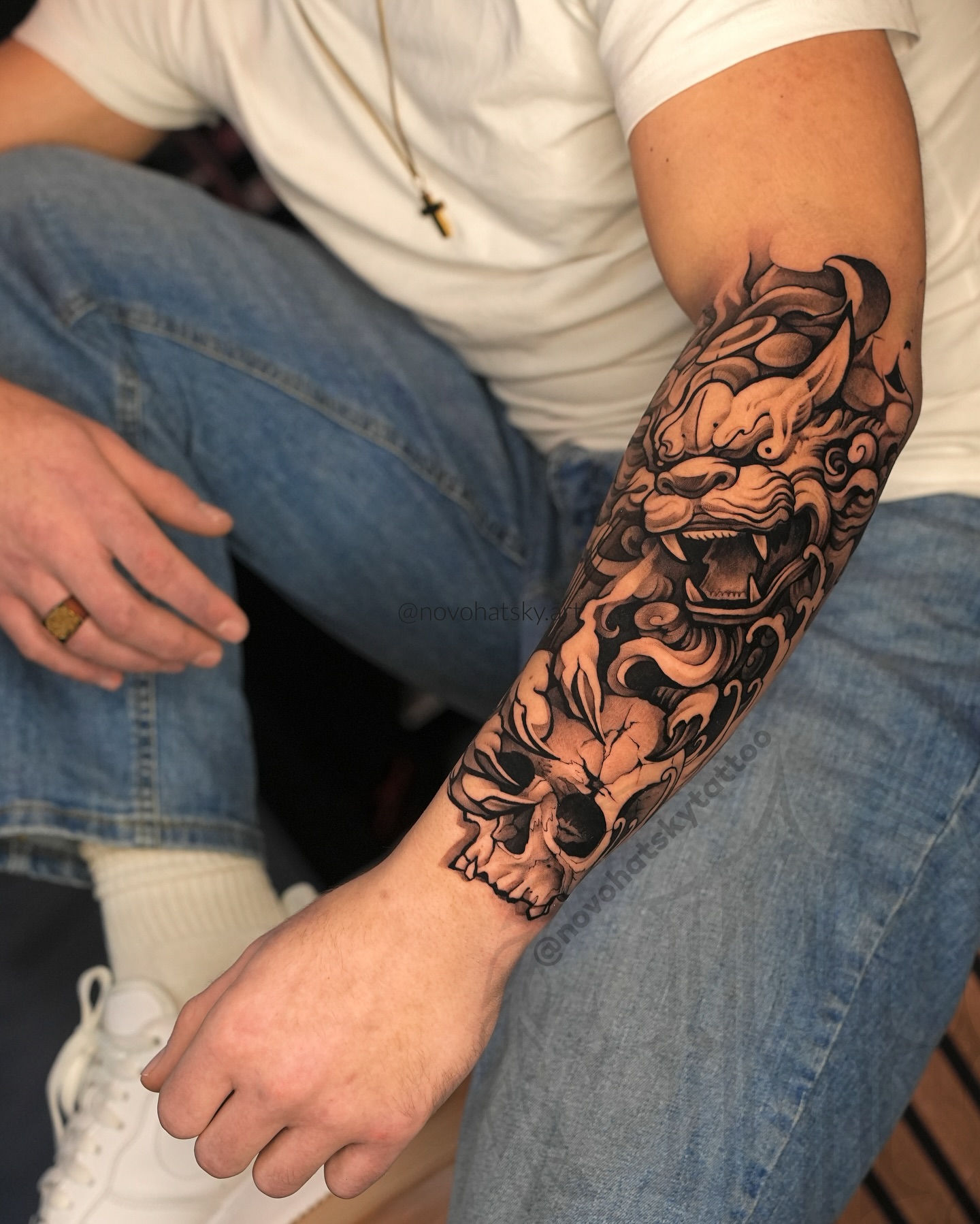 Foo Dog And Moon Tattoo