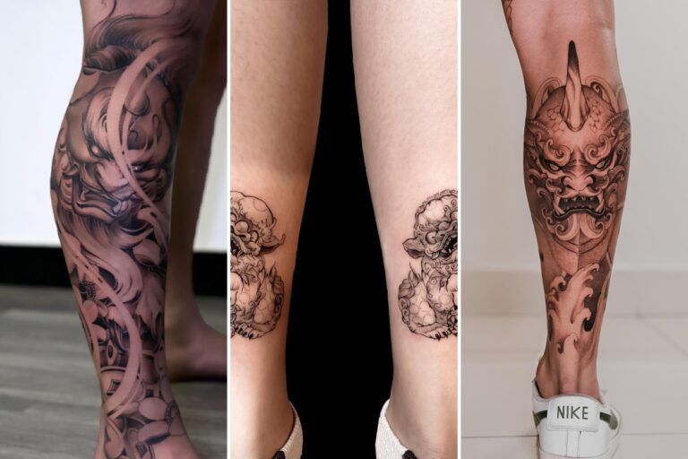 Aesthetic foo dog tattoo designs and delicate ink ideas collage