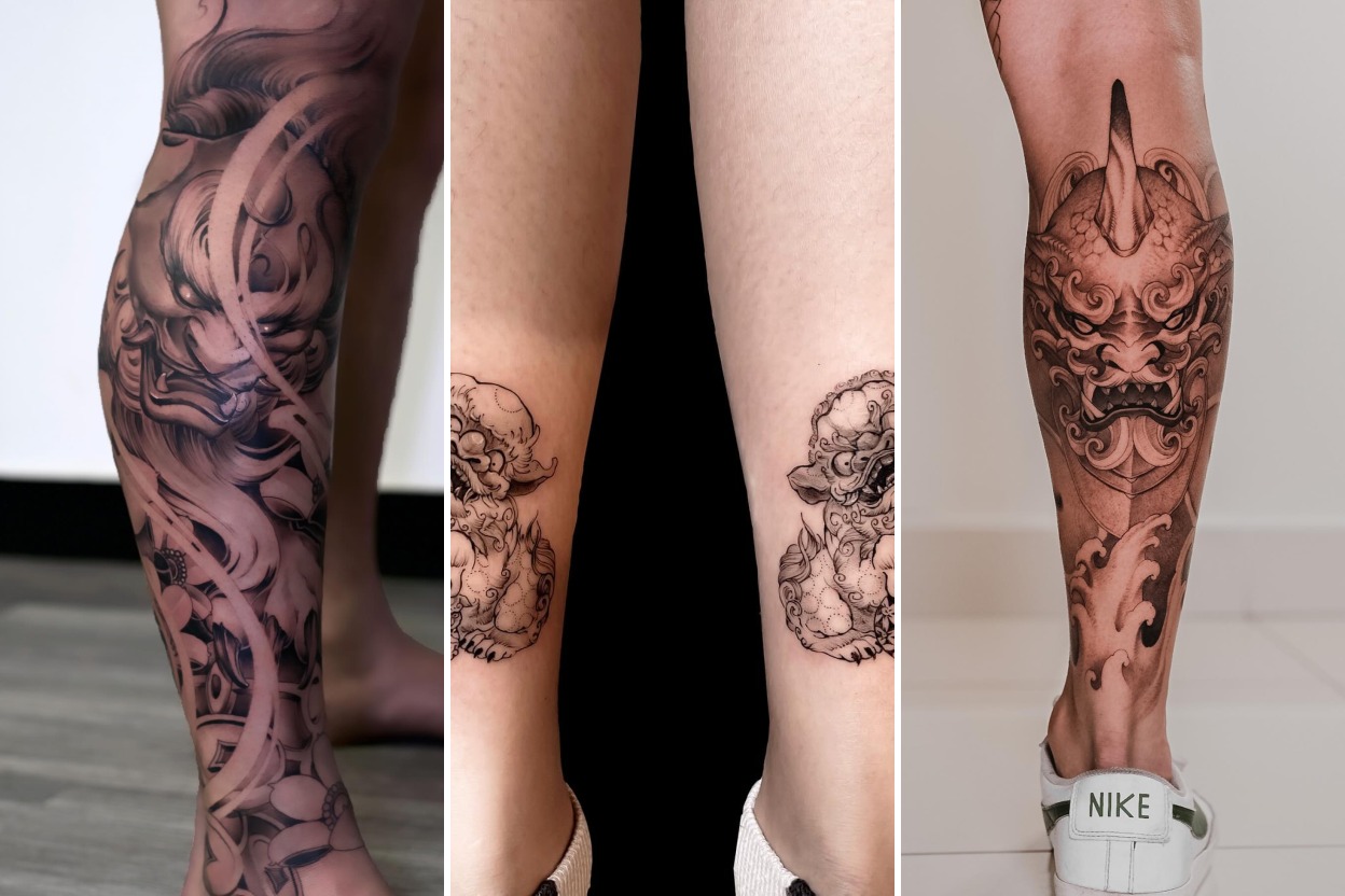 Aesthetic foo dog tattoo designs and delicate ink ideas collage