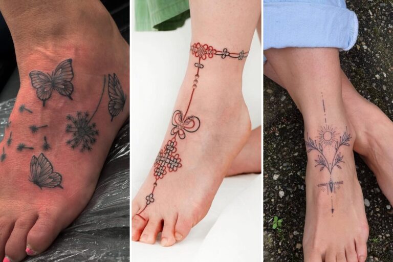 Aesthetic foot tattoo ideas for women and delicate ink ideas collage