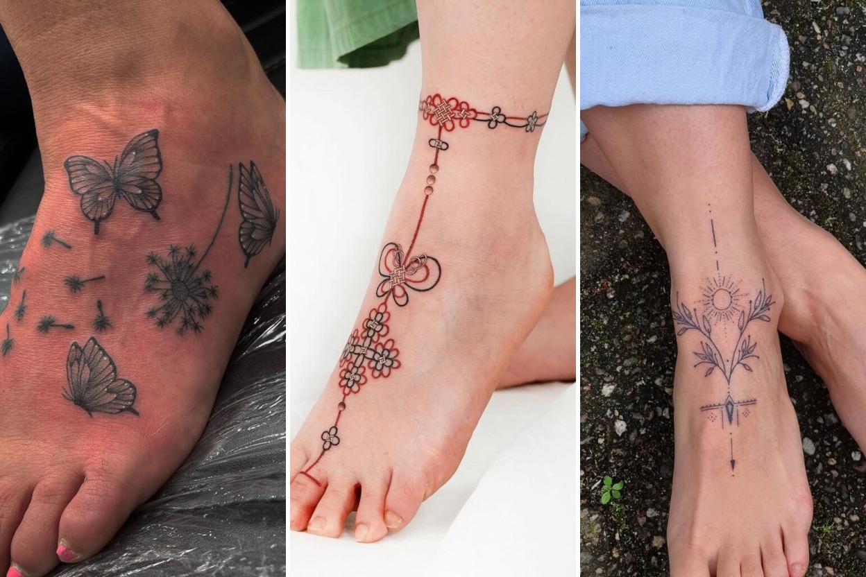 Aesthetic foot tattoo ideas for women and delicate ink ideas collage