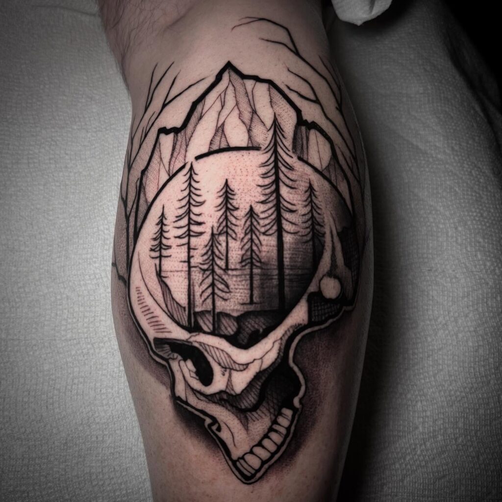 Forest Skull and Mountain Memento Mori nature scene tattoo