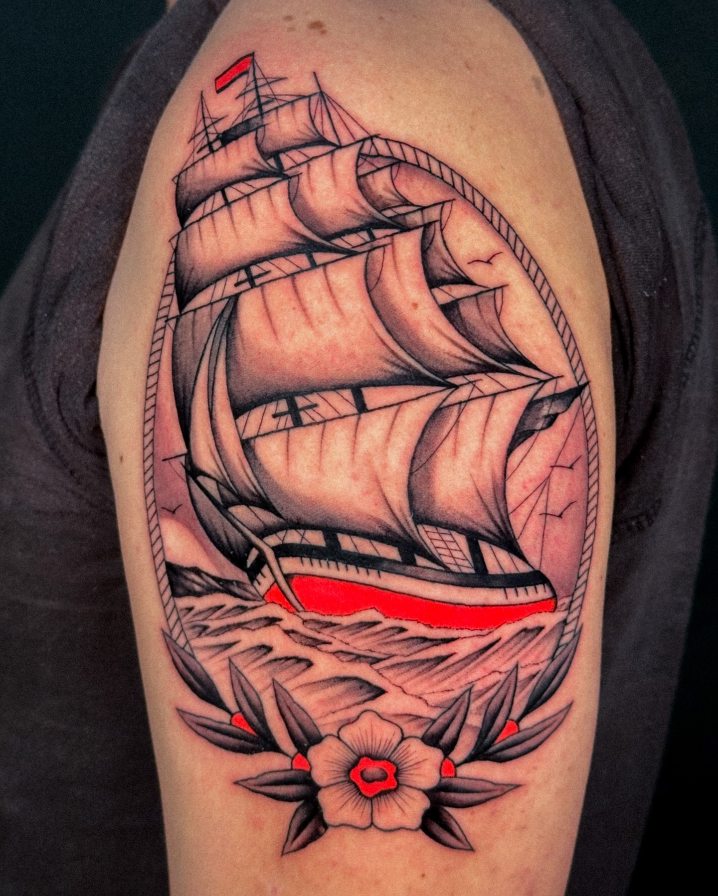 Fine Line Sailing Ship Tattoo