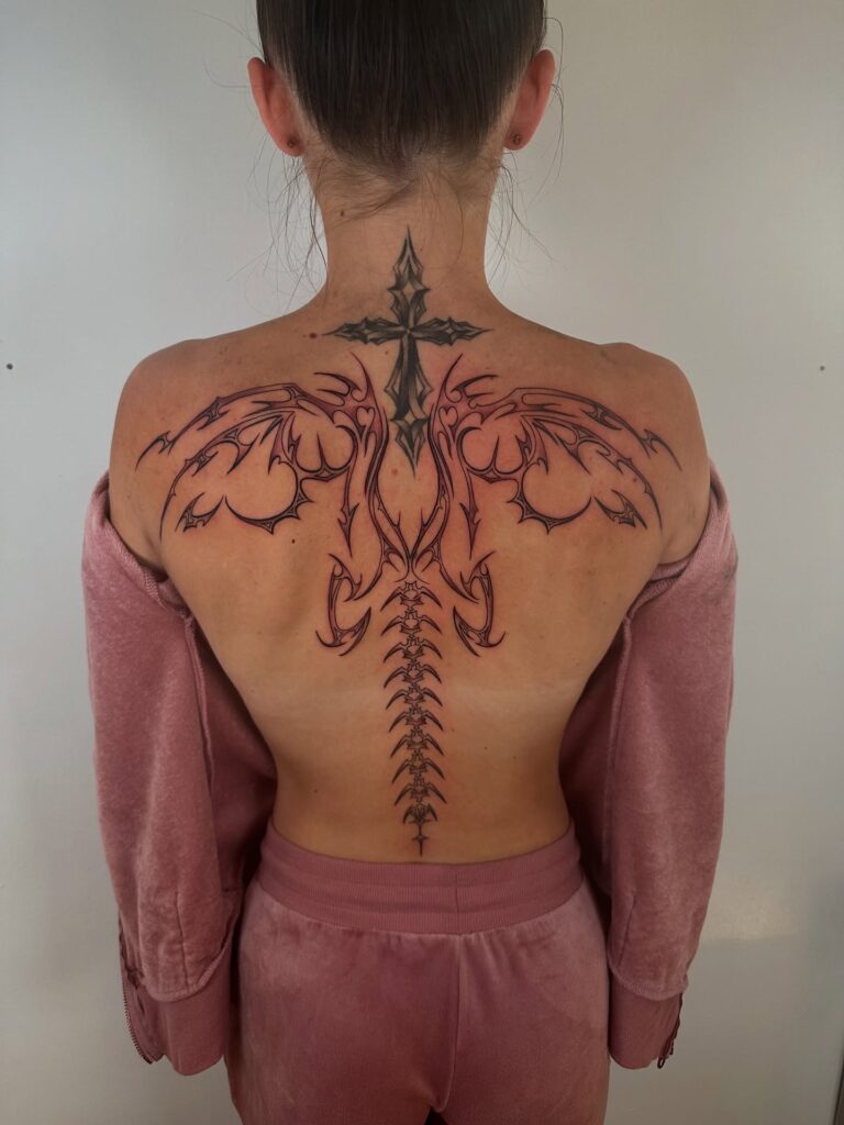 Bold Black And Grey Floral Back Tattoo