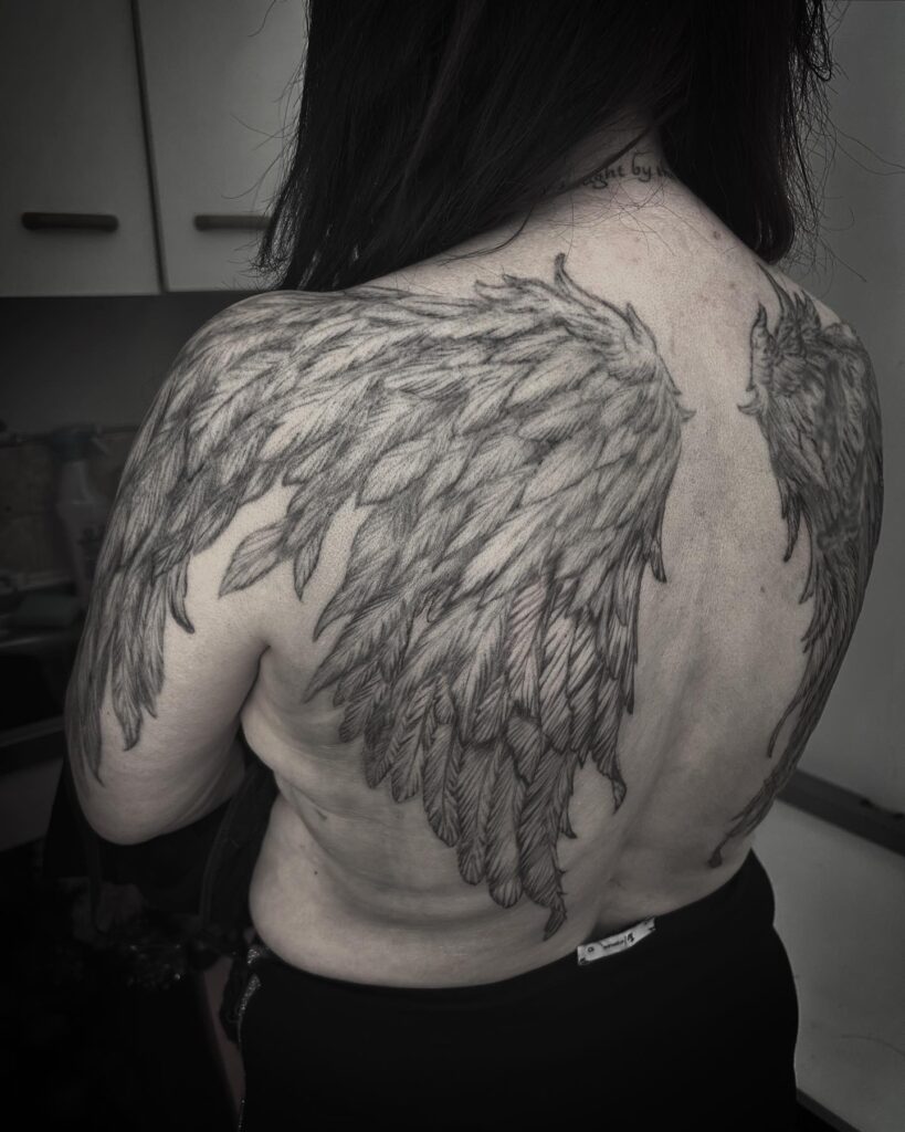 Full-Back Textured Angel Wings Tattoo angel wings tattoo ideas on back tattoo