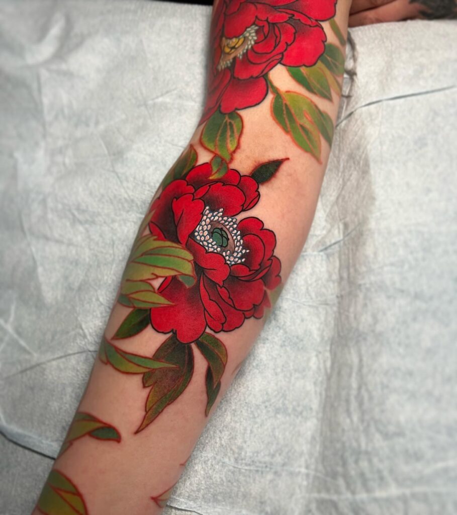 Full Bloom Japanese Peony Sleeve Tattoo japanese peony tattoos tattoo