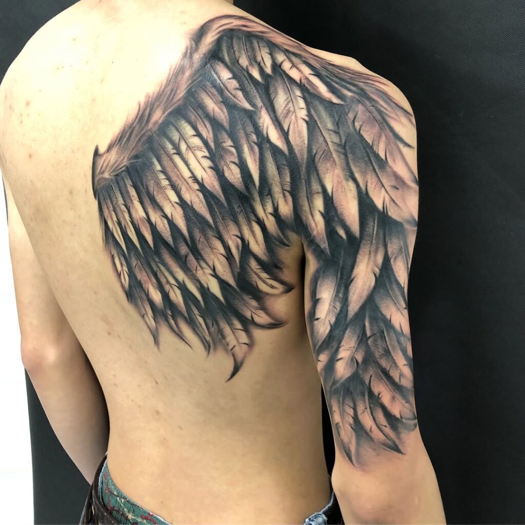 Full Shoulder and Arm Angel Wing Tattoo angel wings tattoo ideas tattoo