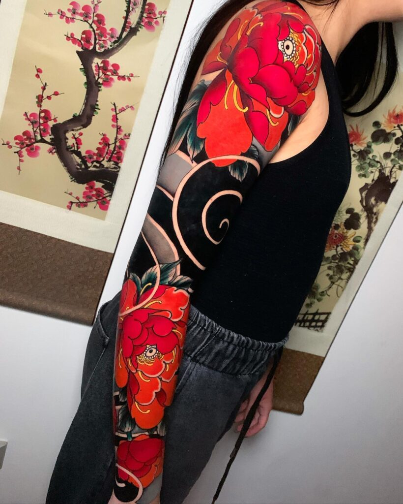 Full Sleeve Peony Tattoo with Bold Spiral Background japanese peony tattoos tattoo