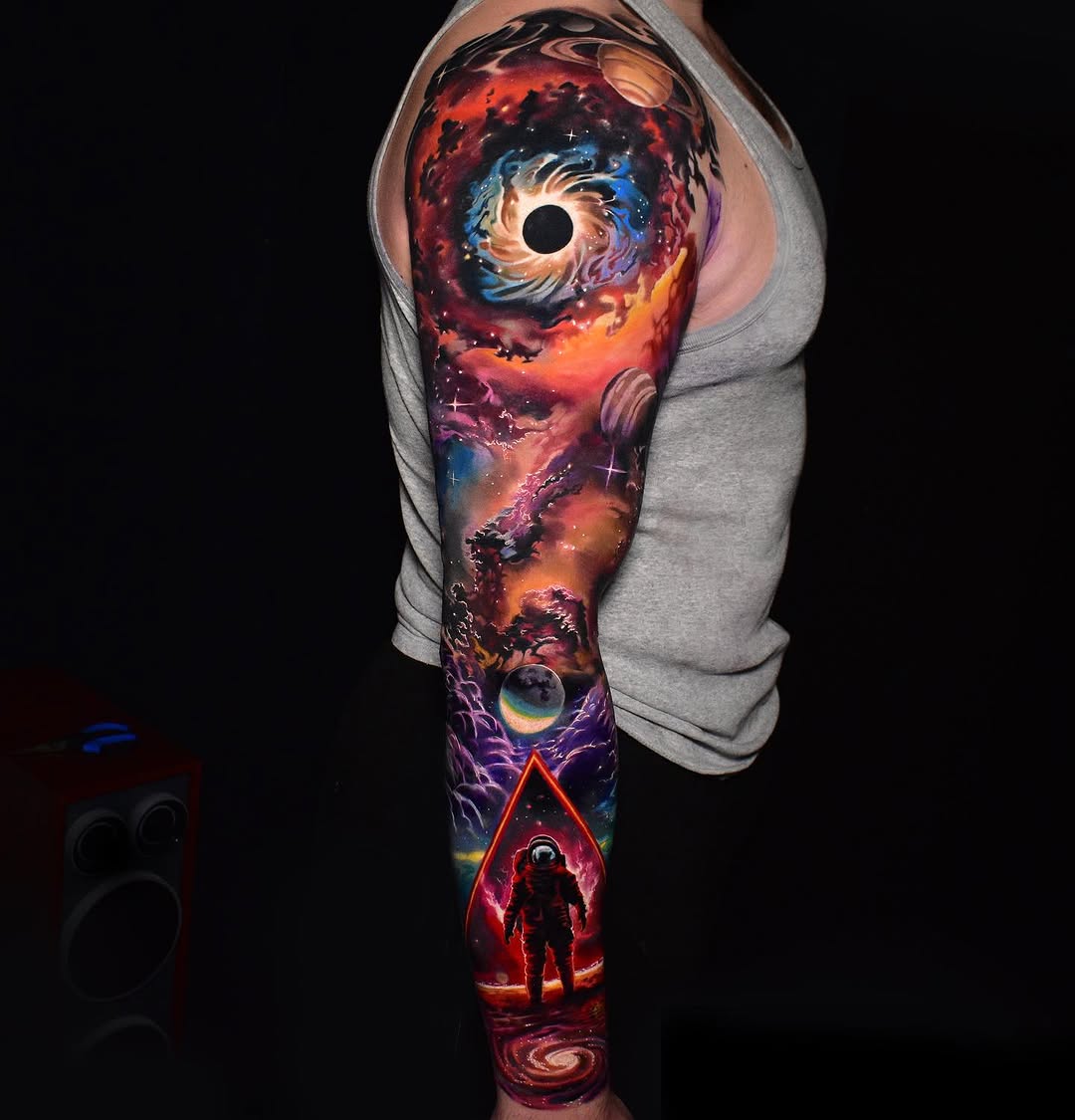 Black Hole And Astronaut Galaxy Sleeve Tattoo