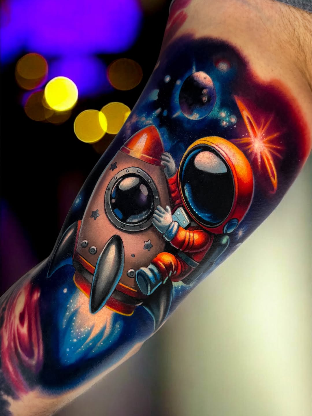 Cute Astronaut And Rocket Galaxy Tattoo