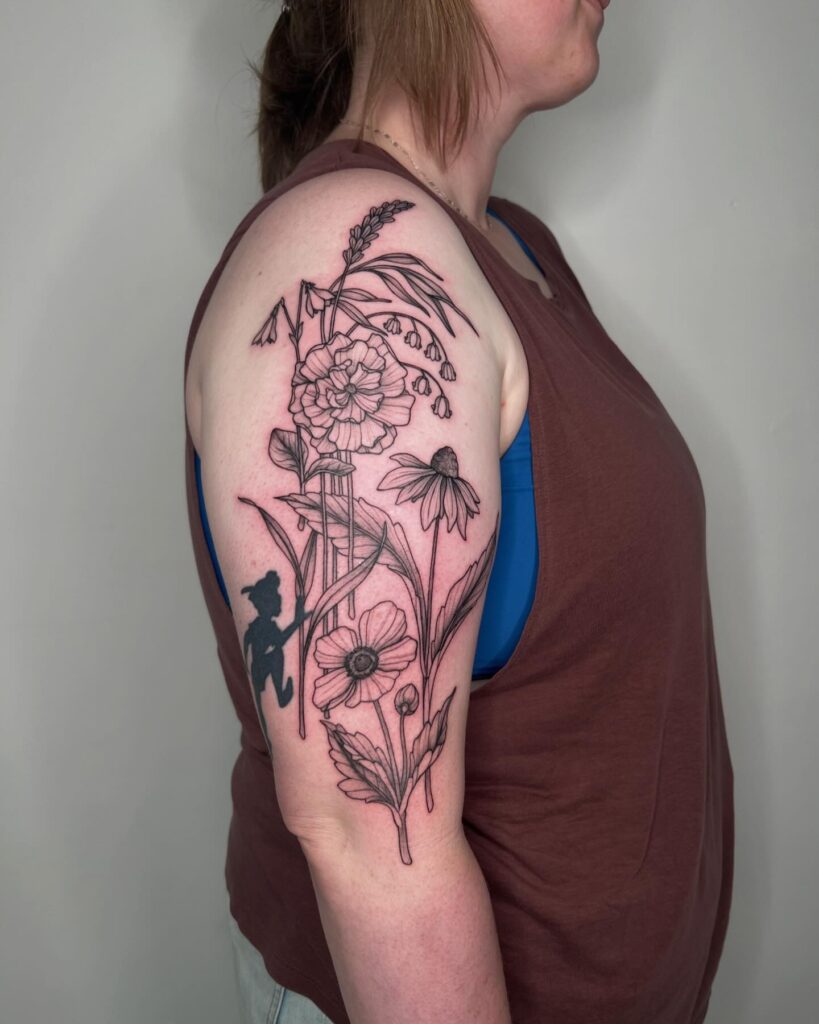 Wildflower Half Sleeve Tattoo With Dark Shading