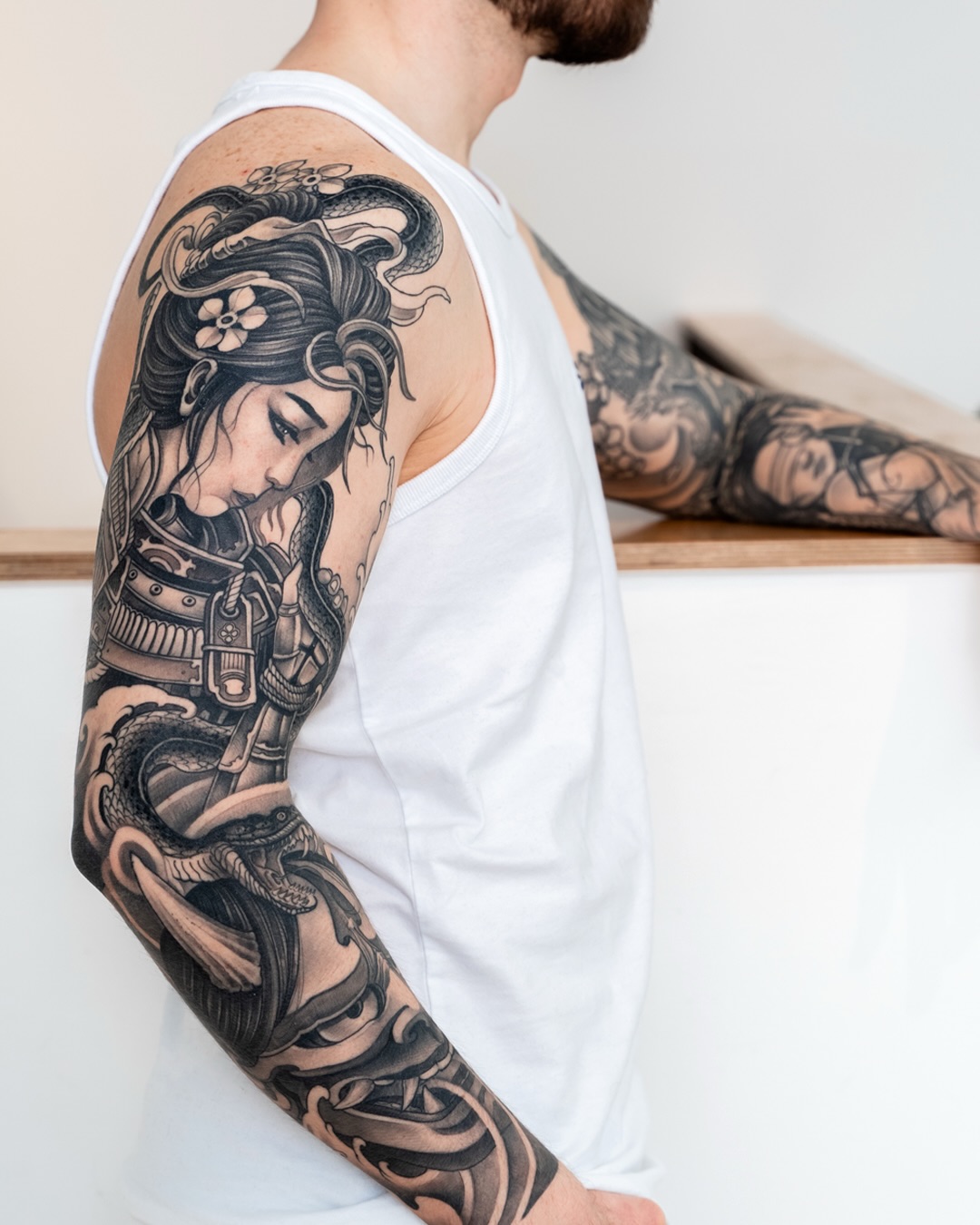 Geisha and Snake Sleeve Tattoo