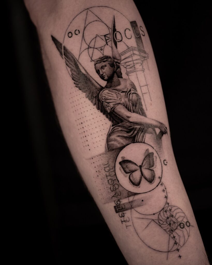Geometric Angel Statue Tattoo angel tattoo ideas tattoo