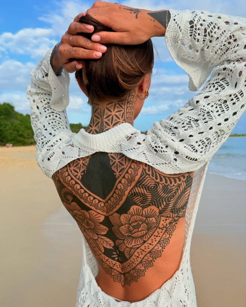 Ornamental Dragonfly Back Tattoo With Inspirational Script