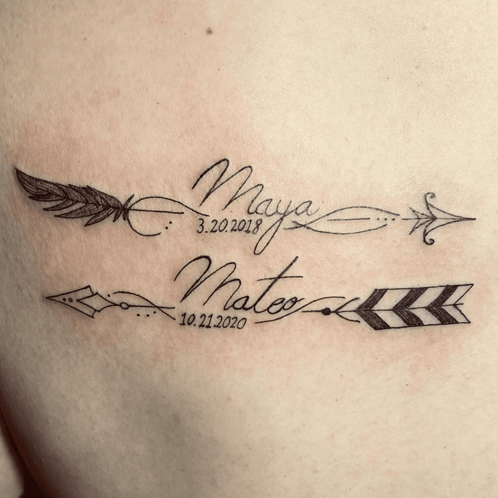 Geometric Feathered Arrows with Sibling Monograms kids name tattoo