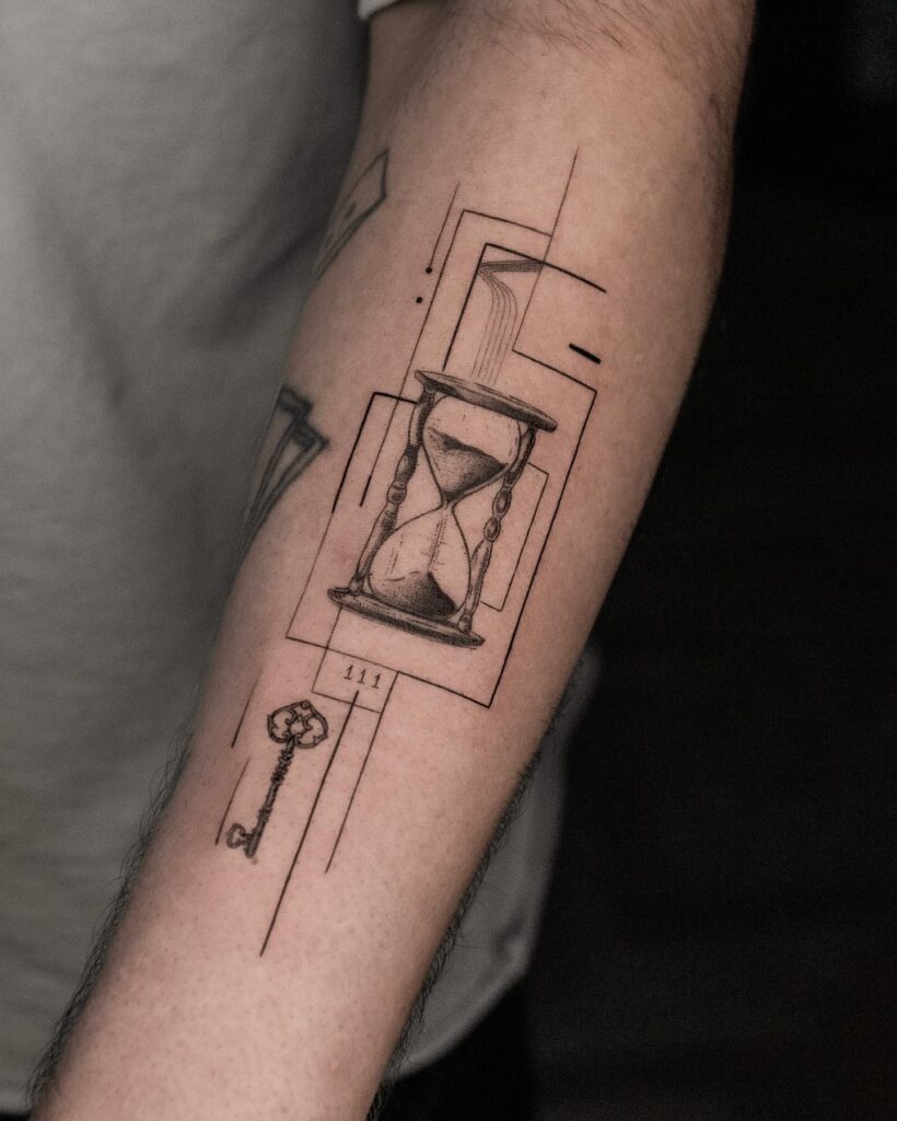Geometric Hourglass and Key Forearm Tattoo hourglass tattoo ideas tattoo