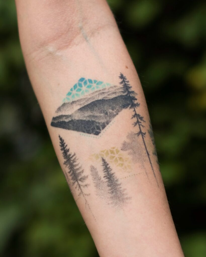 Geometric Mountain and Forest Tattoo nature tattoos for women tattoo