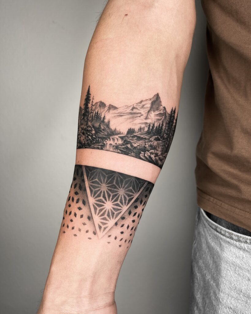 Geometric Polygon with Mountain Torrent nature scene tattoo