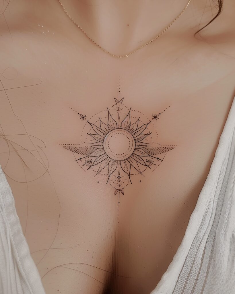 Geometric Solar Mandala Chest Tattoo sun tattoos tattoo