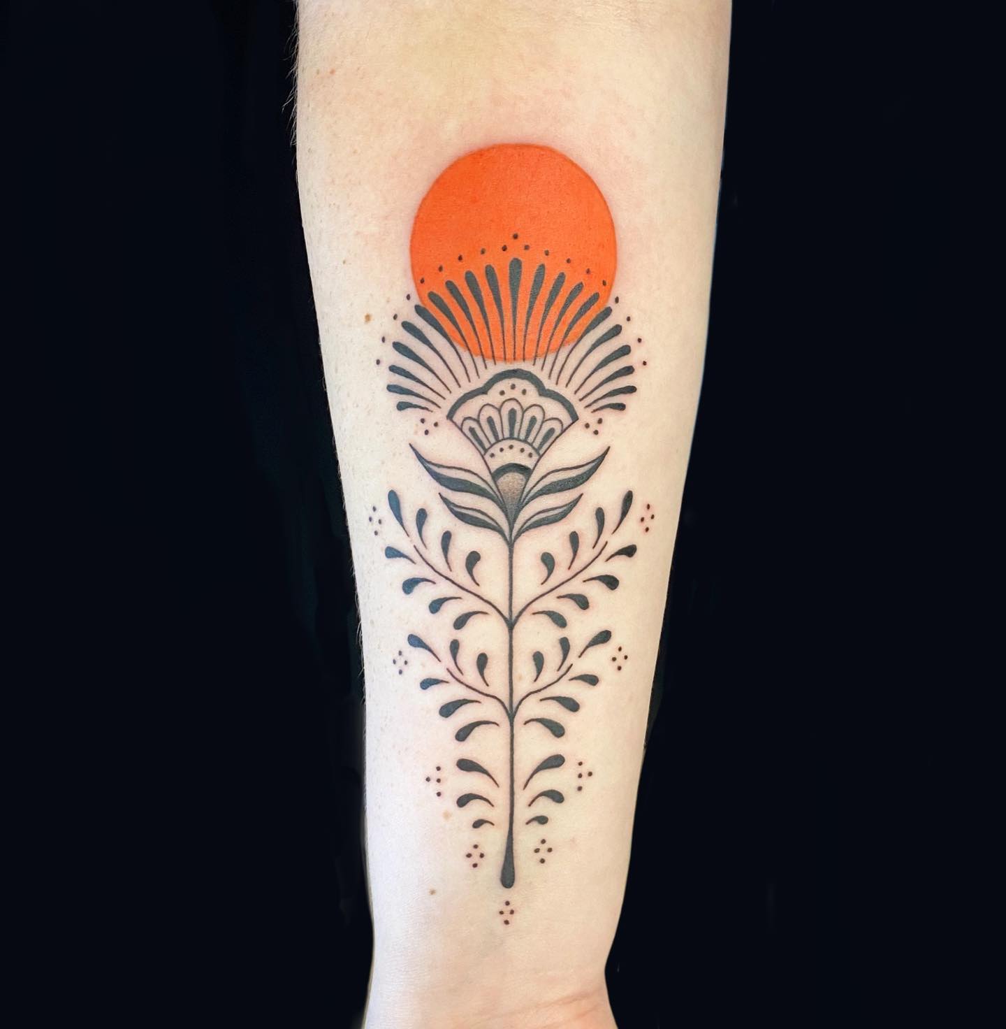 Geometric Sunrise with Floral Filigree sunrise tattoo
