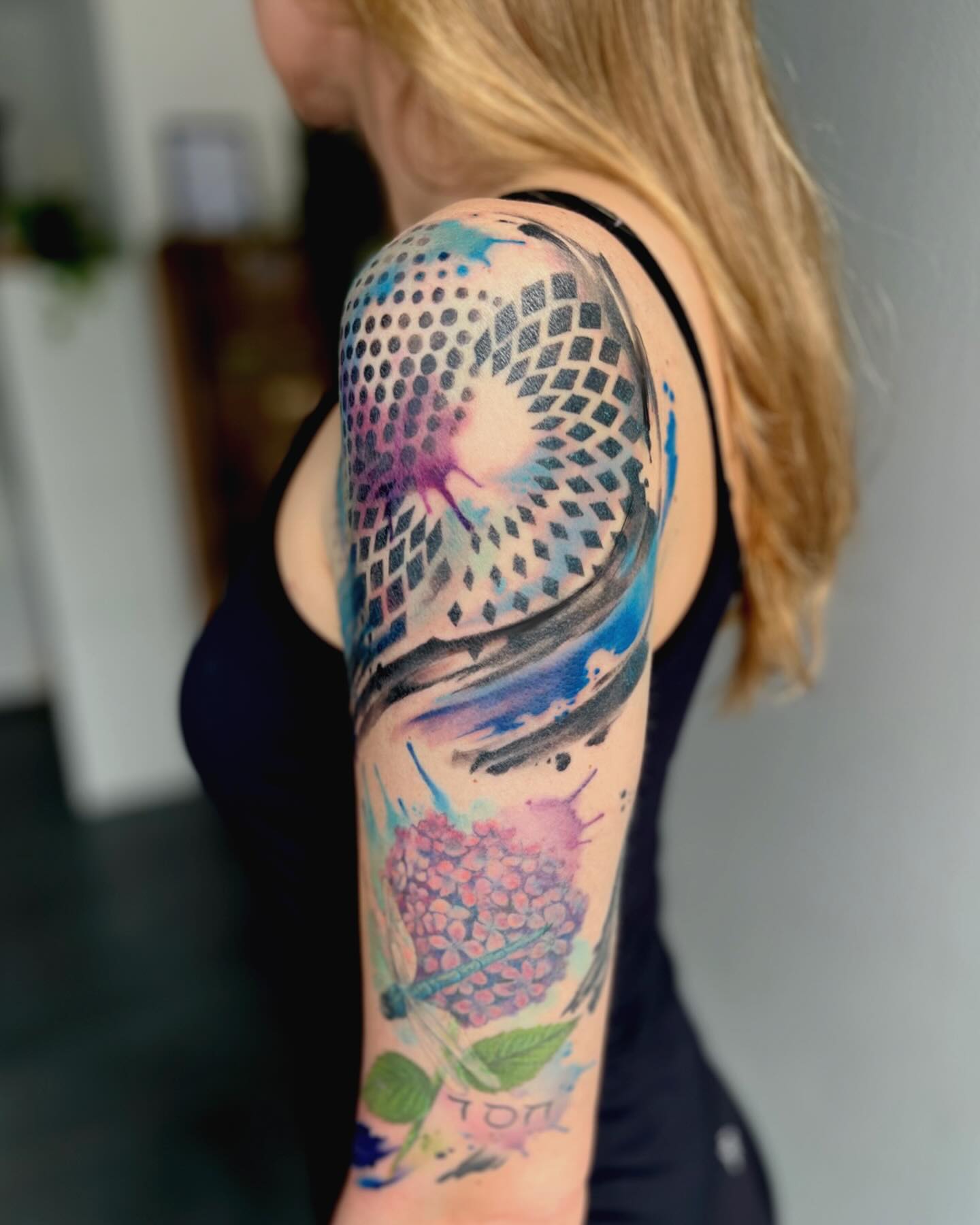 Geometric Watercolor Sleeve Tattoo