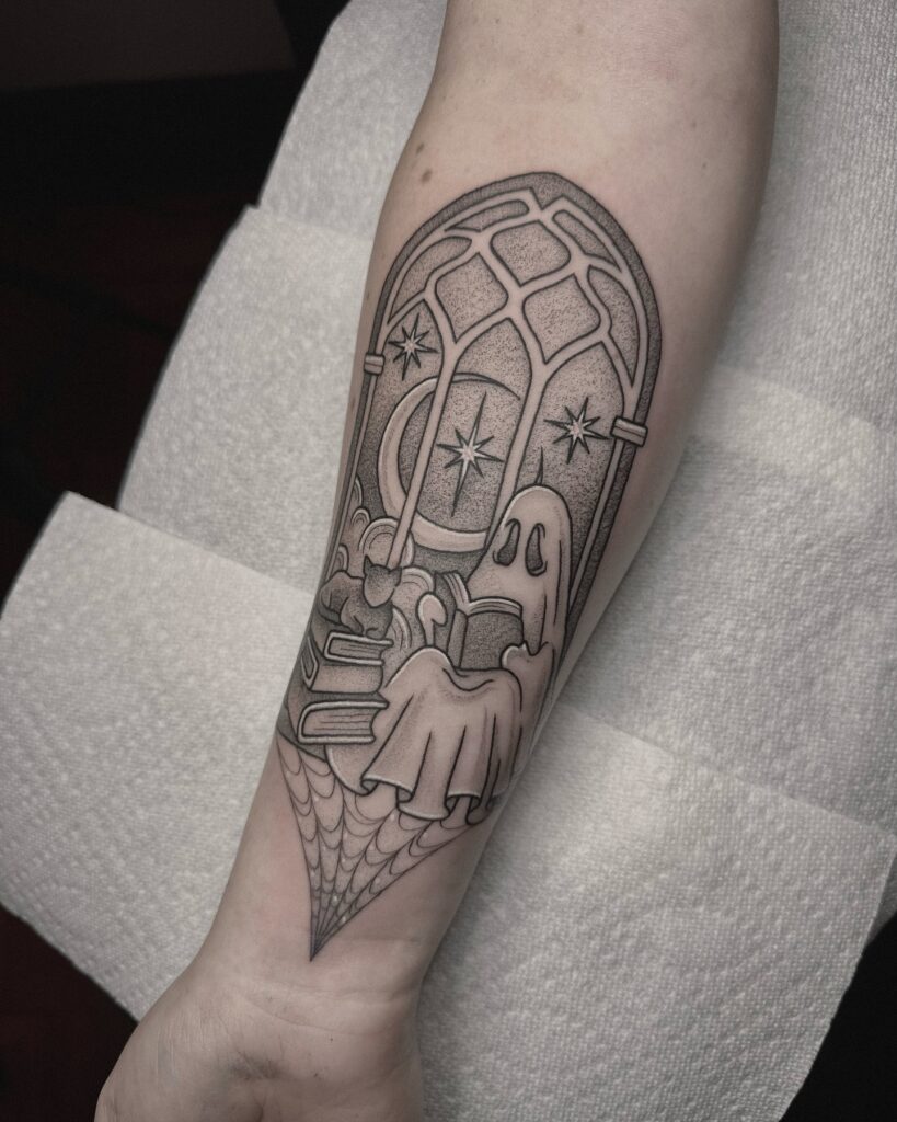 Woman With Bookshelf Hair Tattoo