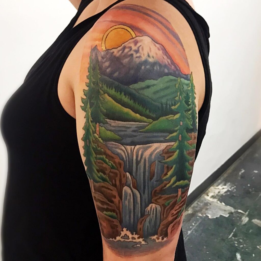Glaciated Waterfall Cascading into Forest Pools nature scene tattoo
