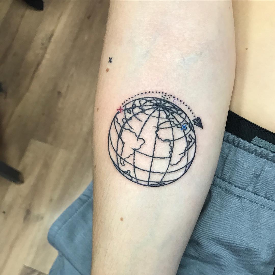 Globe Linework Forearm Tattoo