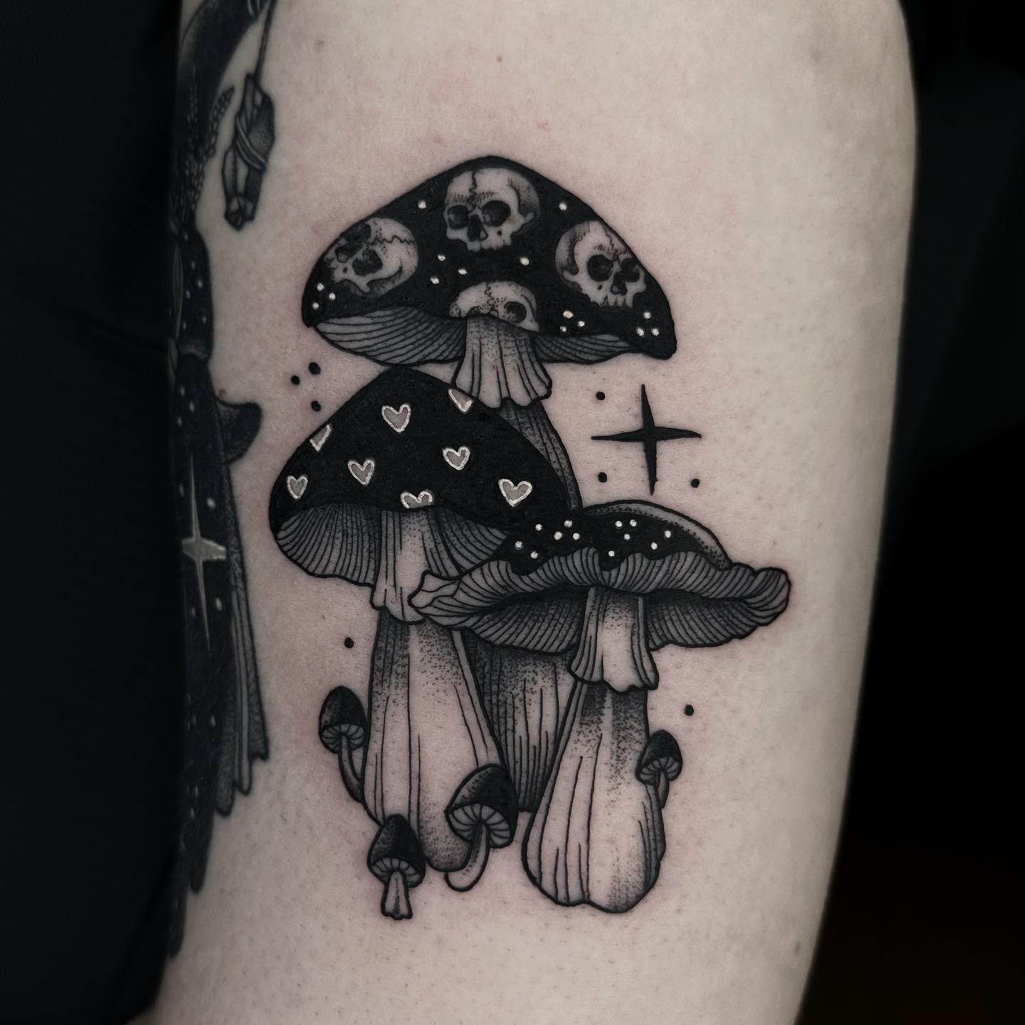 Fern and Mushroom Tattoo with Dotwork Details mushroom tattoo ideas tattoo