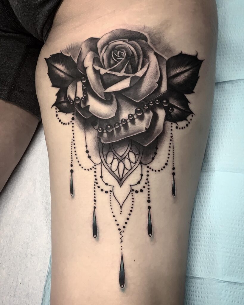 Planetary Rose And Ruby Heart Shoulder Tattoo