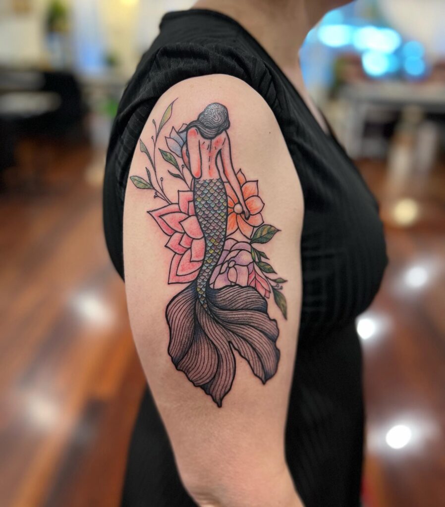 Korean Fan And Roses Upper Arm Tattoo