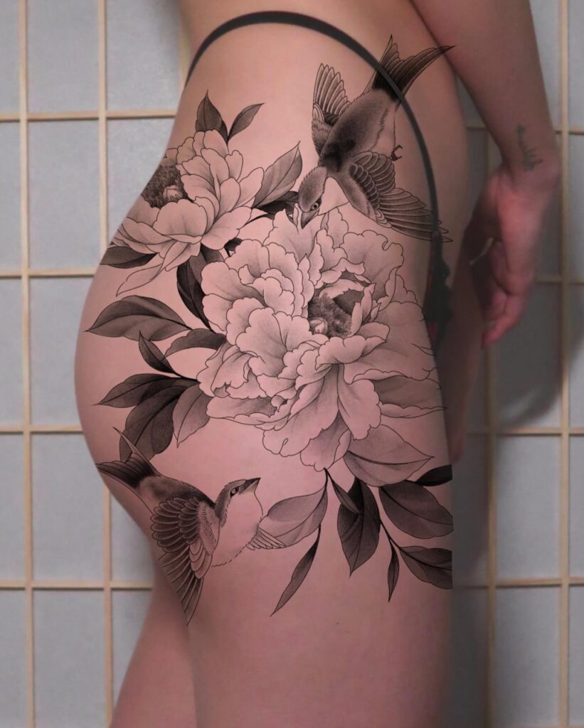 Graceful Peony and Bird Hip-to-Thigh Tattoo japanese peony tattoos tattoo